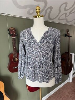 Blue and Purple Floral Balloon-Sleeve Boho Top
